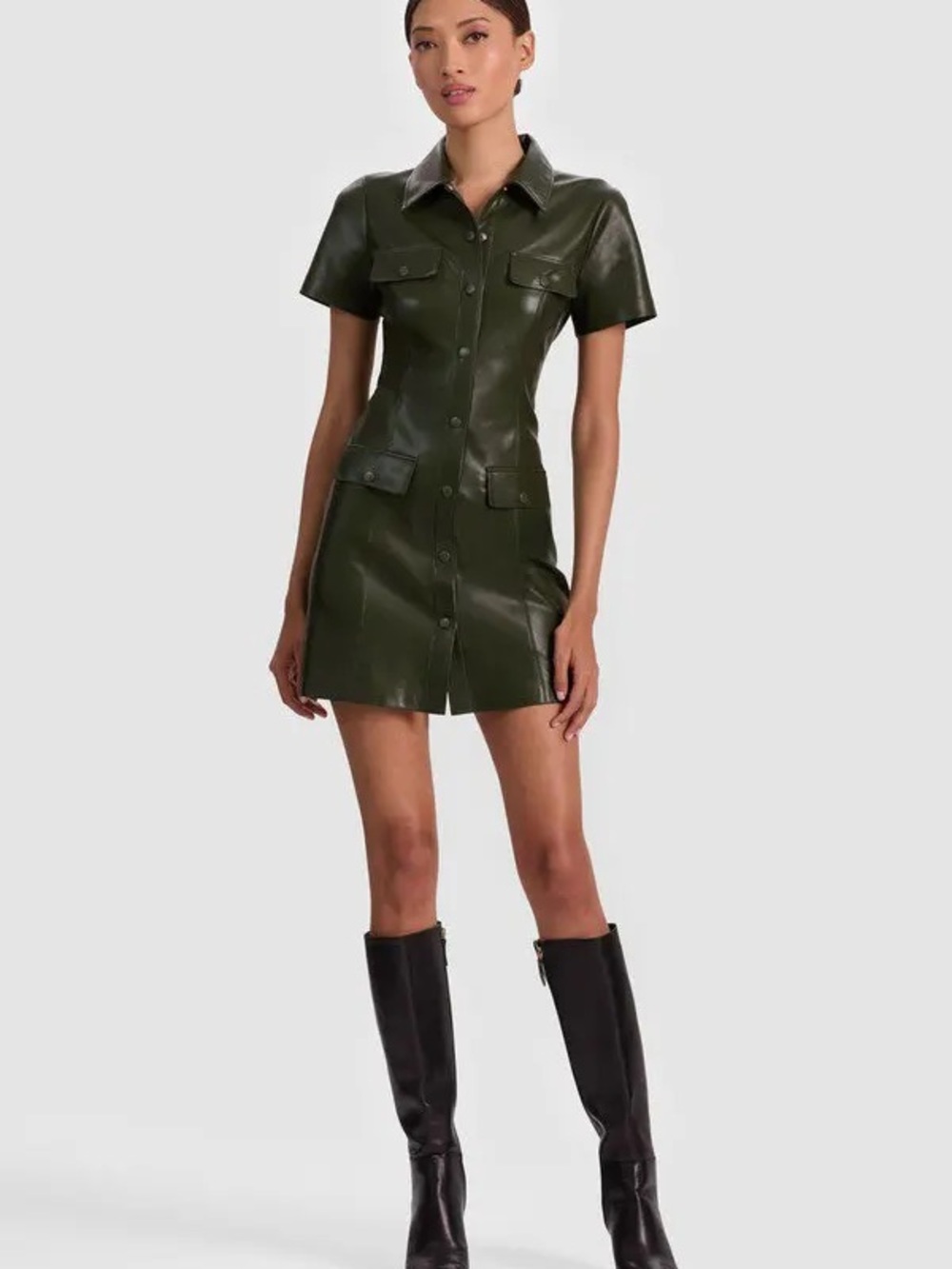 Alice + Olivia Dark Green Faux Leather Short-Sleeve Shirt Dress Worn on TV